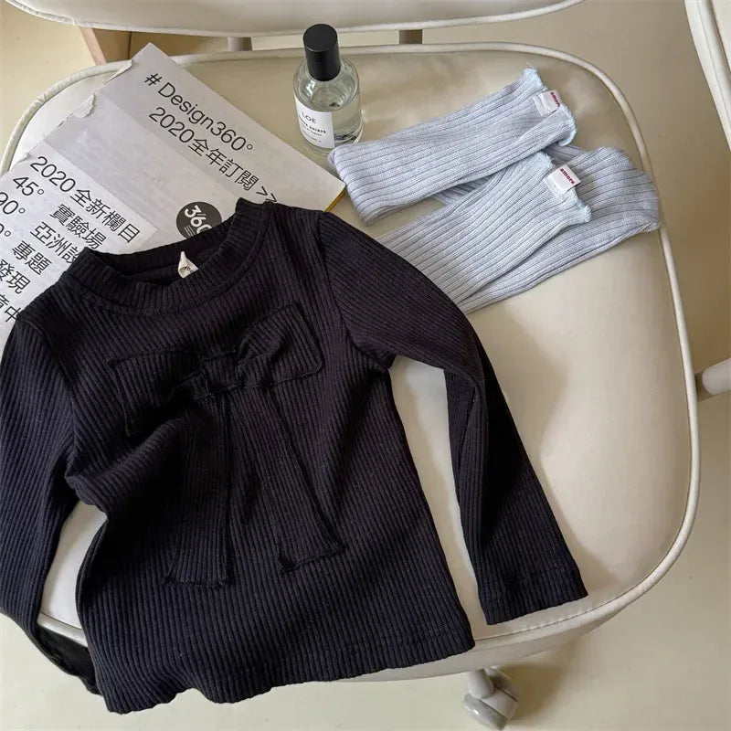 長袖Tシャツ Black / 80cm 9-12M キッズトップス リボンアップリケ刺繍長袖カットソーTシャツ 3カラー【mh0007149】