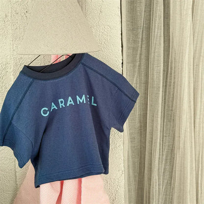 半袖Tシャツ Blue / 12M (80) キッズトップス 半袖プリントTシャツ CARAMEL レターロゴ 2カラー【mh0005810】