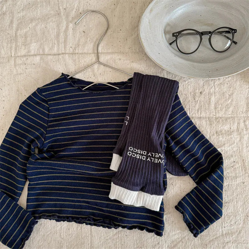 長袖Tシャツ Blue / 12M (80) キッズトップス シンプルベーシックボーダーフリルネック長袖Tシャツ【mh0008651】