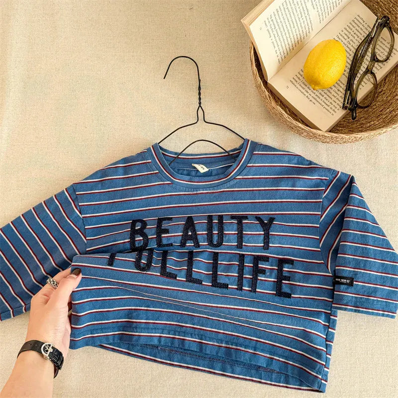 長袖Tシャツ Blue / 12M (80) キッズトップス ボーダーレターロゴアップリケ長袖Tシャツ【mh0008964】