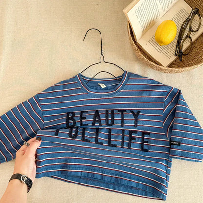 長袖Tシャツ Blue / 12M (80) キッズトップス ボーダーレターロゴアップリケ長袖Tシャツ【mh0008964】