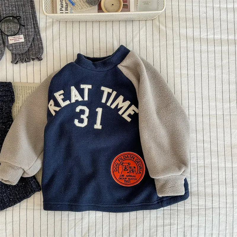 長袖Tシャツ Blue / 12M  80CM キッズトップス ロゴワッペンフリースラグラン長袖プルオーバー【mh-0008441】