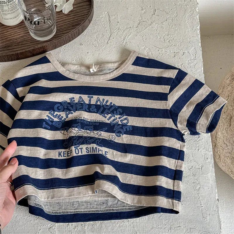 半袖Tシャツ Blue / 12M  80CM キッズトップス ボーダー半袖Tシャツ ロゴプリント 2カラー【mh0005442】