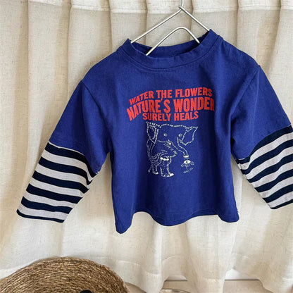 長袖Tシャツ Blue / 12M  80CM キッズトップス 長袖ドッキングTシャツ 象エレファントプリント ボーダー袖 2カラー【mh0006579】