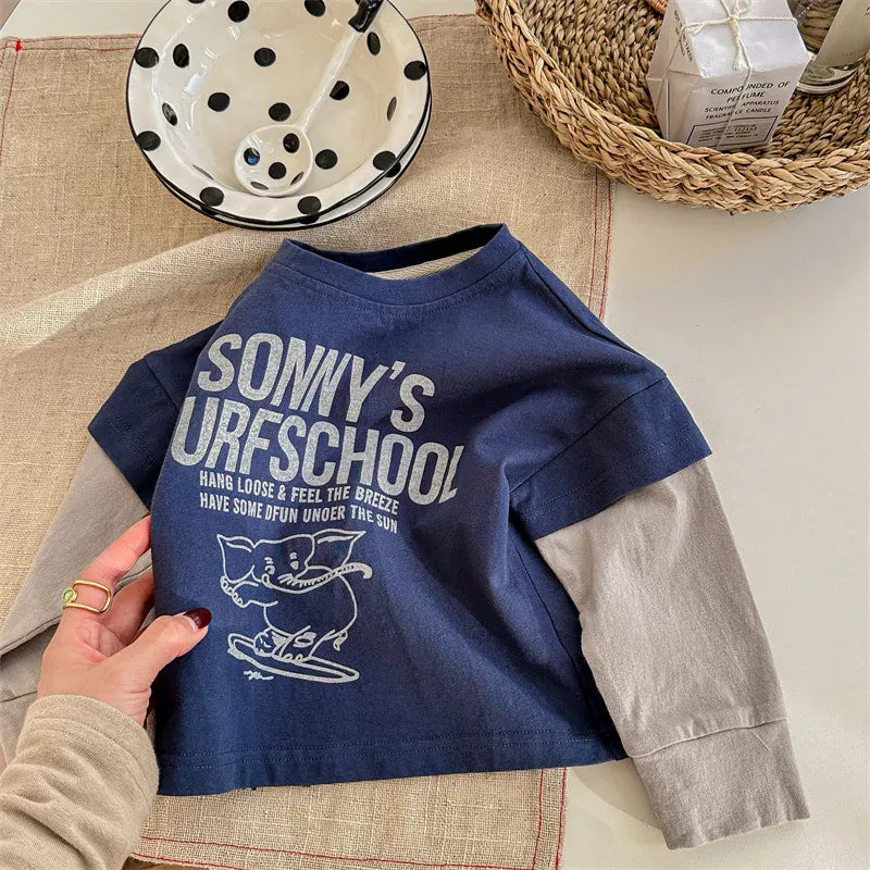 長袖Tシャツ Blue / 12M  80CM キッズトップス 象エレファントプリント袖パッチワーク長袖Tシャツ 2カラー【mh0006849】