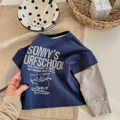 長袖Tシャツ Blue / 12M  80CM キッズトップス 象エレファントプリント袖パッチワーク長袖Tシャツ 2カラー【mh0006849】