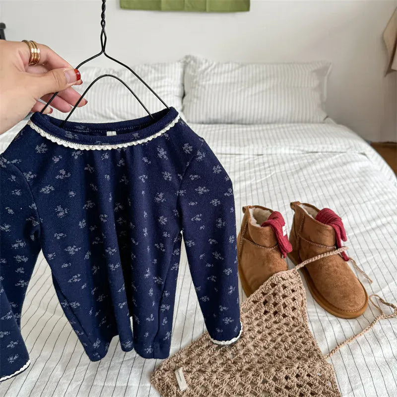 長袖Tシャツ Blue / 12M  80CM キッズトップス フラワー小花柄プリントレース長袖Tシャツ【mh0007768】