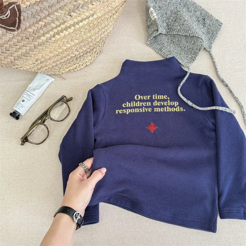 長袖Tシャツ Blue / 12M  80CM キッズトップス レターロゴプリントボトルネックハイネック長袖Tシャツ【mh0007957】