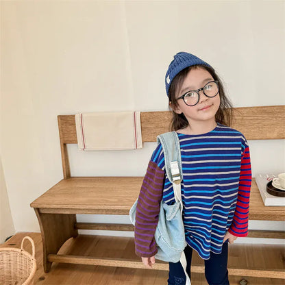 長袖Tシャツ Blue / 80cm 9-12M キッズトップス ボーダーカラフルパッチワーク長袖Tシャツ 2カラー【mh0007107】