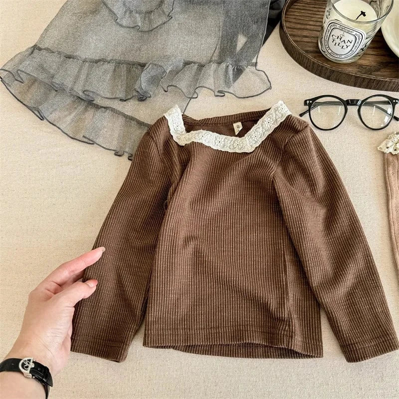 長袖Tシャツ Brown / 12M  80CM キッズトップス レーススクエアネック 長袖Tシャツ カットソー 3カラー【mh0006588】