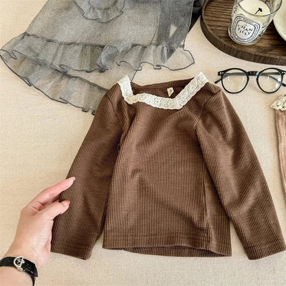 長袖Tシャツ Brown / 12M  80CM キッズトップス レーススクエアネック 長袖Tシャツ カットソー 3カラー【mh0006588】