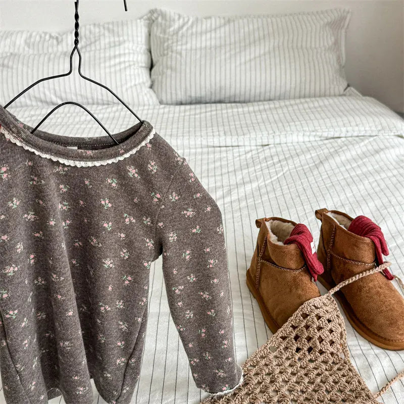 長袖Tシャツ Brown / 12M  80CM キッズトップス フラワー小花柄プリントレース長袖Tシャツ【mh0007768】