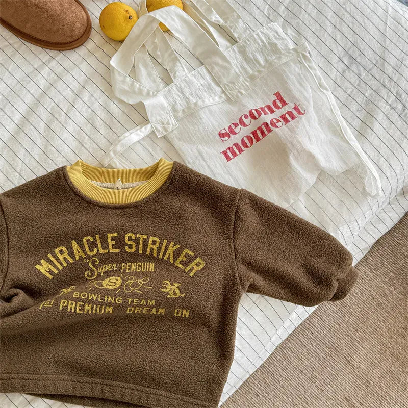 長袖Tシャツ Brown / 12M  80CM キッズトップス レターロゴプリントフリース長袖Tシャツ【mh0008440】