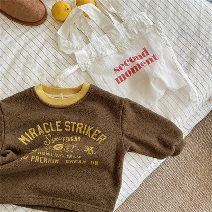 長袖Tシャツ Brown / 12M  80CM キッズトップス レターロゴプリントフリース長袖Tシャツ【mh0008440】