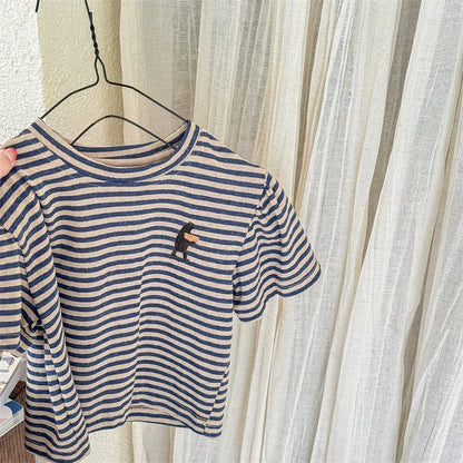 半袖Tシャツ Coffee / 12M  80CM キッズトップス 半袖ボーダーTシャツ ワンポイントプリント 2カラー【mh0005446】