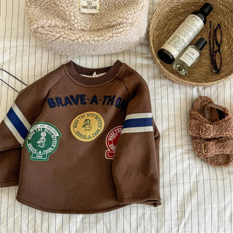 長袖Tシャツ Coffee / 80cm 9-12M キッズトップス ワッペンパッチレターロゴ刺繍フリース長袖ホッケーTシャツ 3カラー【mh0007569】