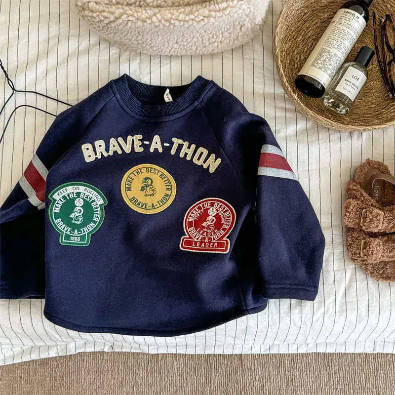 長袖Tシャツ Dark Blue / 80cm 9-12M キッズトップス ワッペンパッチレターロゴ刺繍フリース長袖ホッケーTシャツ 3カラー【mh0007569】