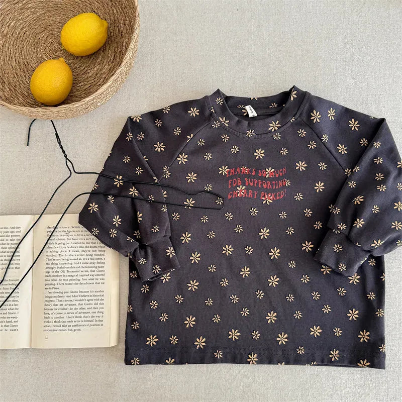 長袖Tシャツ Dark Gray / 12M (80) キッズトップス レトロフラワープリントラグランパッチワーク長袖Tシャツ【mh0008653】