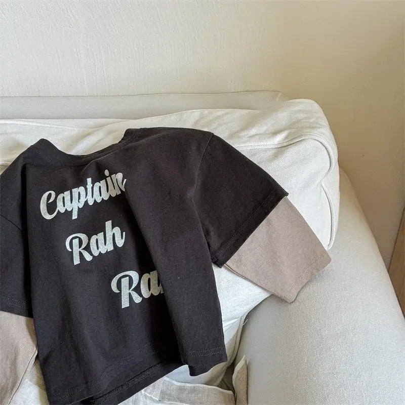 長袖Tシャツ Dark Gray / 12M  80CM キッズトップス 袖ドッキングレターロゴプリント長袖Tシャツ 2カラー【mh0006839】