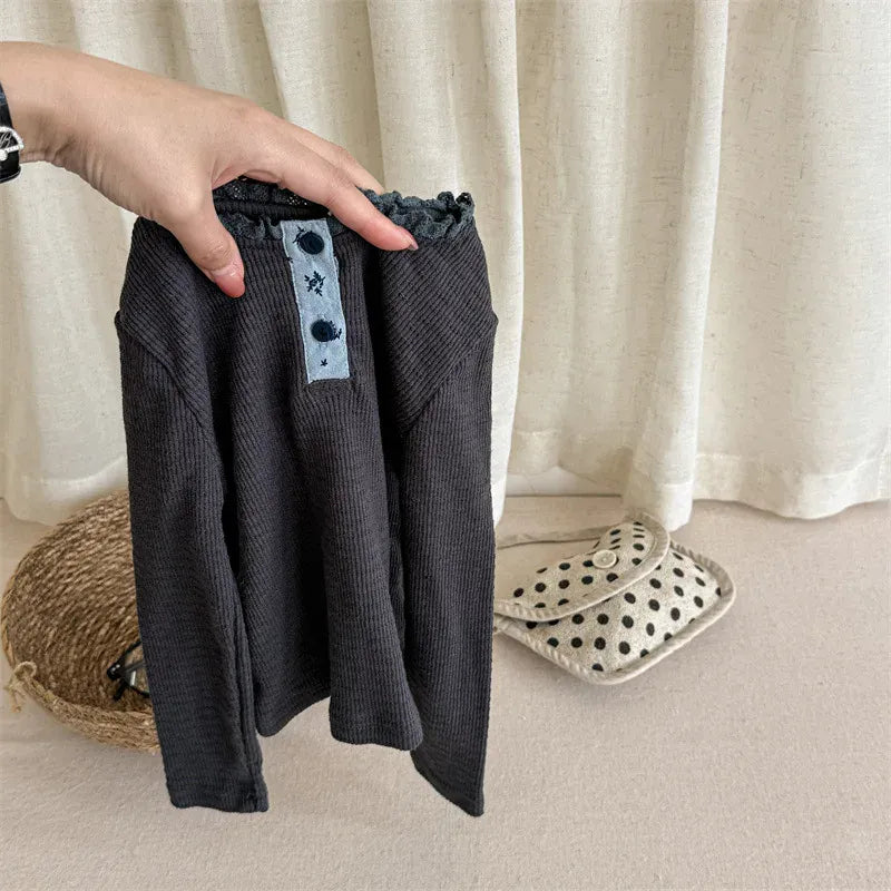 長袖Tシャツ Dark Gray / 12M  80CM キッズトップス 長袖Tシャツ レースヘンリーネック 3カラー【mh0006593】