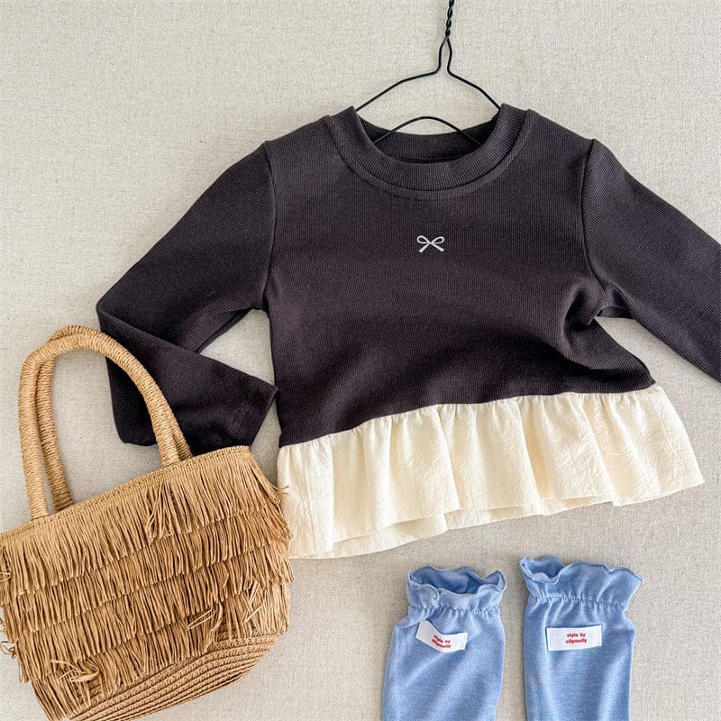 長袖Tシャツ Dark Gray / 80cm キッズトップス ペプラムフリルリボン長袖Tシャツ【mh0008981】