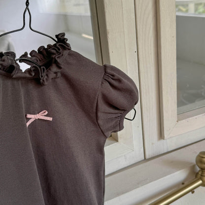 半袖Tシャツ Dark Gray / 80cm リボンアクセントフリルスタンドカラーショートパフスリーブTシャツ【mh0009394】