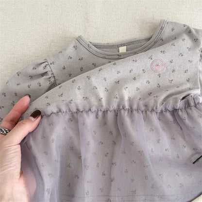 長袖Tシャツ Gray / 12M (80) キッズトップス フラワー小花柄プリントチュールペプラムドッキング長袖Tシャツ【mh0008650】