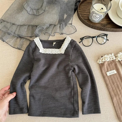 長袖Tシャツ Gray / 12M  80CM キッズトップス レーススクエアネック 長袖Tシャツ カットソー 3カラー【mh0006588】