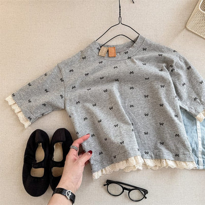 長袖Tシャツ Gray / 80cm キッズトップス リボンプリント裾レース七分袖Tシャツ【mh-0008971】