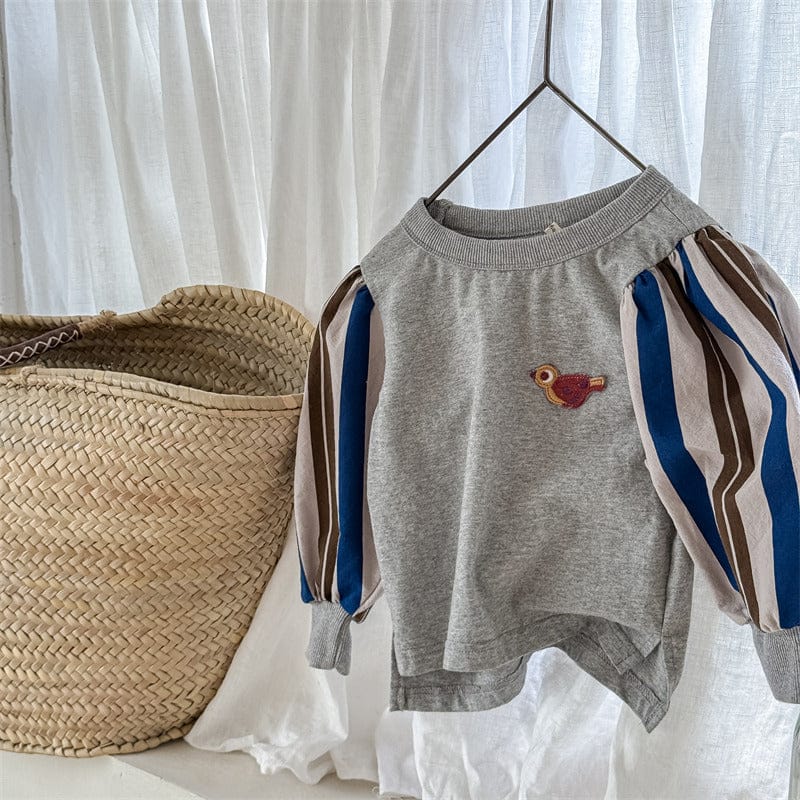 長袖Tシャツ Gray / 80cm キッズトップス 小鳥ワンポイントストライプ長袖パフスリーブTシャツ【mh0009012】