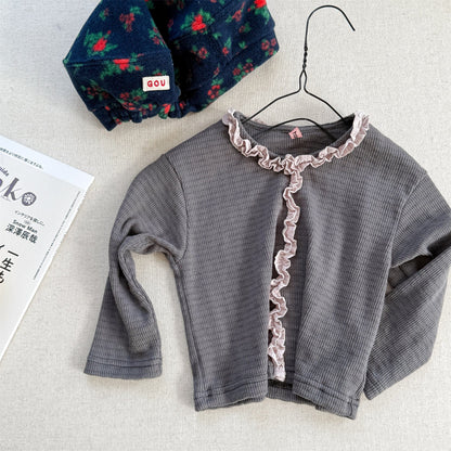 長袖Tシャツ Gray / 80cm フロントフリルボーダー長袖Tシャツ【mh0010622】