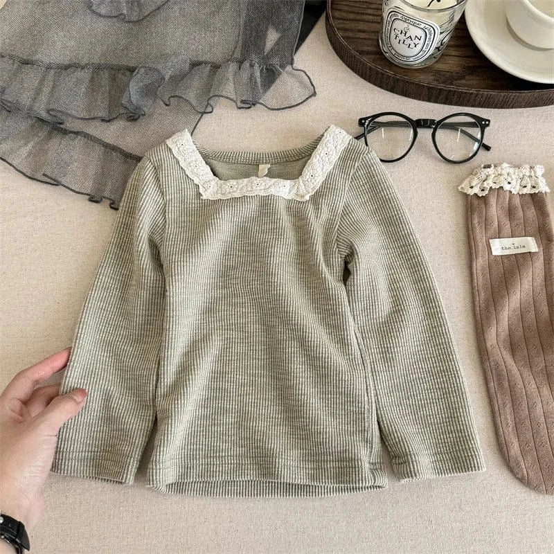 長袖Tシャツ Green / 12M  80CM キッズトップス レーススクエアネック 長袖Tシャツ カットソー 3カラー【mh0006588】