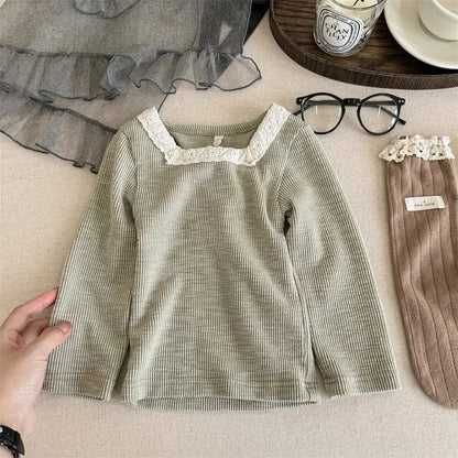 長袖Tシャツ Green / 12M  80CM キッズトップス レーススクエアネック 長袖Tシャツ カットソー 3カラー【mh0006588】