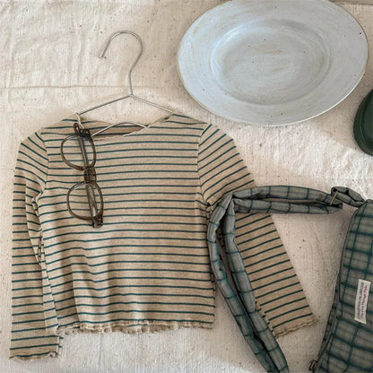 長袖Tシャツ Khaki / 12M (80) キッズトップス シンプルベーシックボーダーフリルネック長袖Tシャツ【mh0008651】