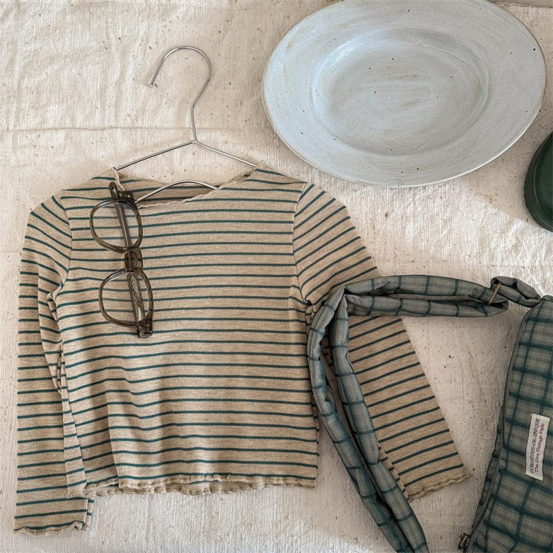 長袖Tシャツ Khaki / 80cm キッズトップス ボーダーフリルネック長袖Tシャツ【mh0009019】