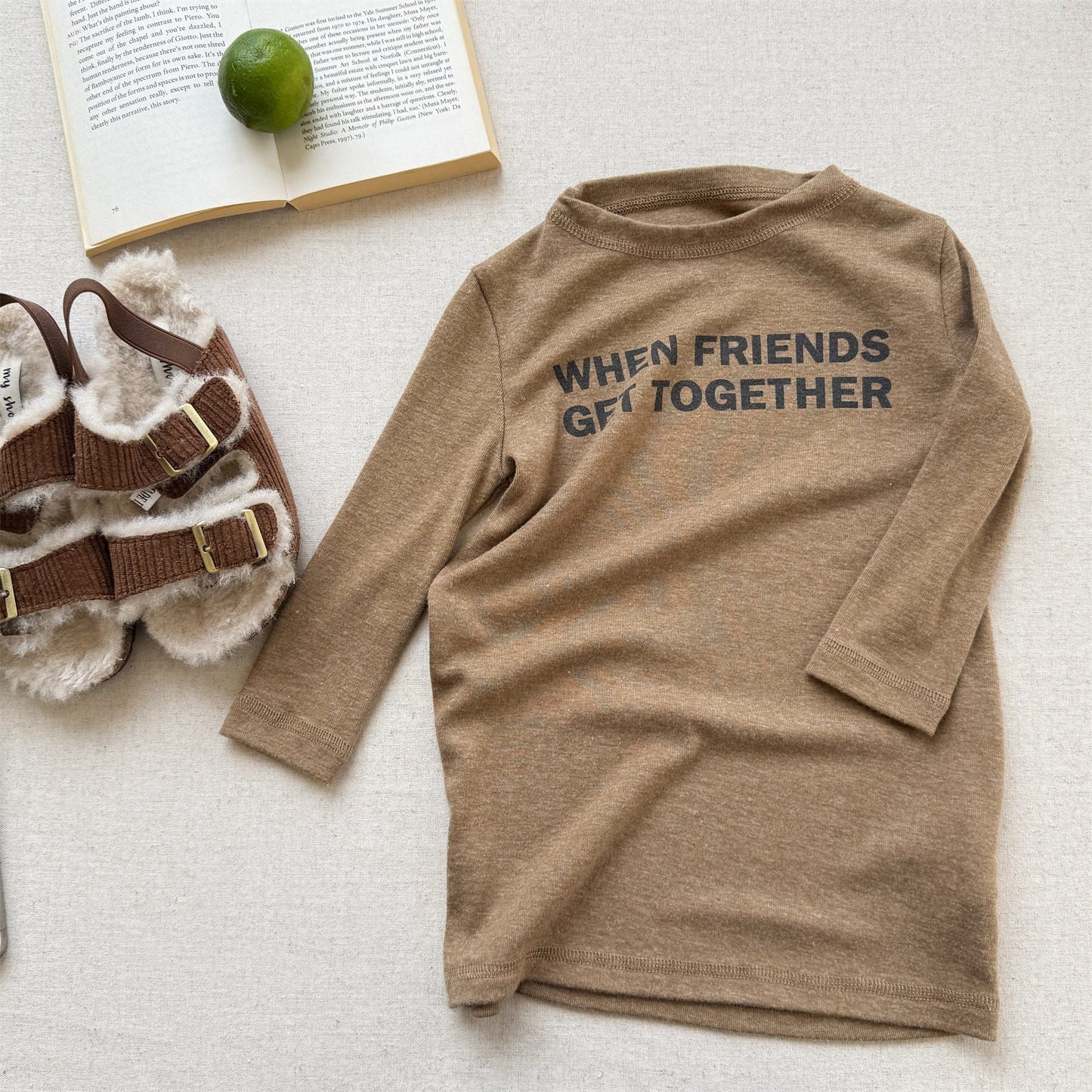 長袖Tシャツ Khaki / 80cm ロゴプリント長袖Tシャツハイネックカットソー【mh0010913】