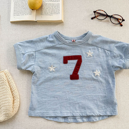 半袖Tシャツ Light Blue / 80cm ナンバースターロゴプリントパッチワークラグラン半袖Tシャツ【mh0009382】