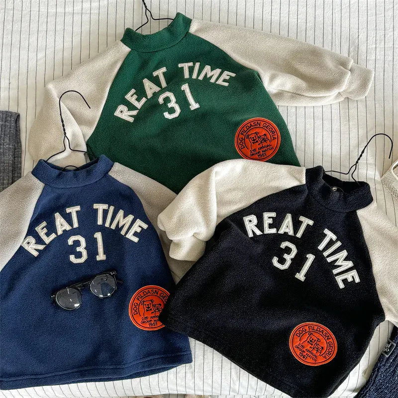 長袖Tシャツ キッズトップス ロゴワッペンフリースラグラン長袖プルオーバー【mh-0008441】