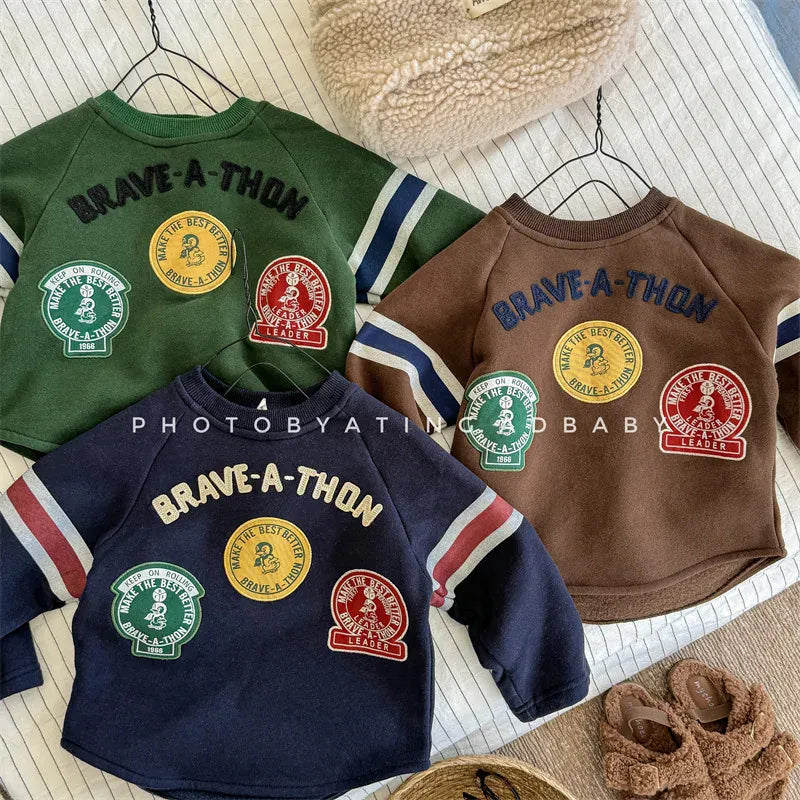 長袖Tシャツ キッズトップス ワッペンロゴ裏フリース長袖スウェットシャツ【mh0008444】