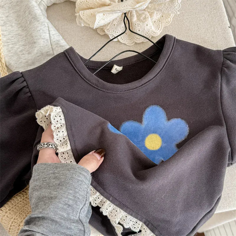 長袖Tシャツ キッズトップス レトロフラワープリント裾フリル長袖パフスリーブスウェットシャツ【mh0008652】