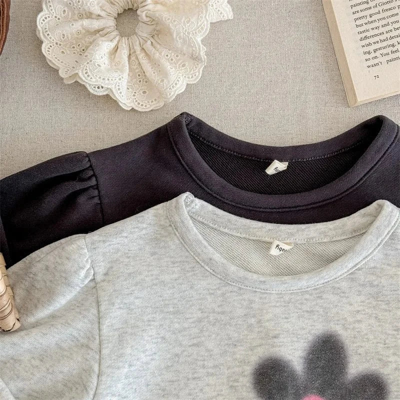 長袖Tシャツ キッズトップス レトロフラワープリント裾フリル長袖パフスリーブスウェットシャツ【mh0008652】