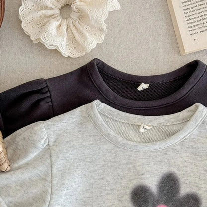 長袖Tシャツ キッズトップス レトロフラワープリント裾フリル長袖パフスリーブスウェットシャツ【mh0008652】