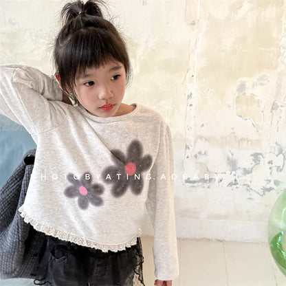 長袖Tシャツ キッズトップス レトロフラワープリント裾フリル長袖パフスリーブスウェットシャツ【mh0008652】