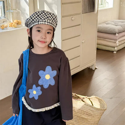 長袖Tシャツ キッズトップス レトロフラワープリント裾フリル長袖パフスリーブスウェットシャツ【mh0008652】