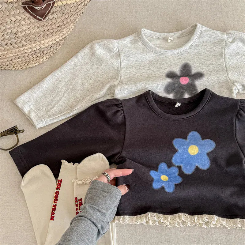 長袖Tシャツ キッズトップス レトロフラワープリント裾フリル長袖パフスリーブスウェットシャツ【mh0008652】
