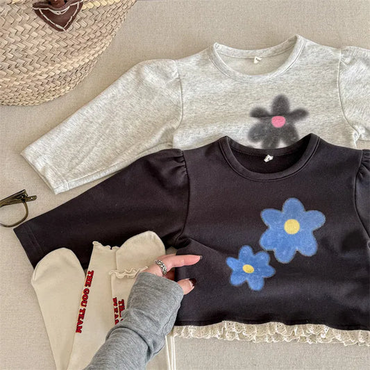 長袖Tシャツ キッズトップス レトロフラワープリント裾フリル長袖パフスリーブスウェットシャツ【mh0008652】
