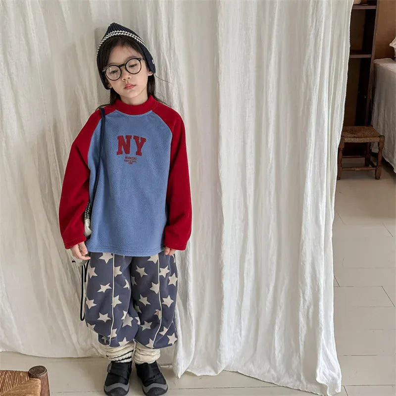 長袖Tシャツ キッズトップス NYロゴフリースラグランパッチワーク長袖Tシャツ【mh0007928】