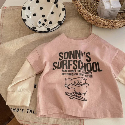 長袖Tシャツ Pink / 12M  80CM キッズトップス 象エレファントプリント袖パッチワーク長袖Tシャツ 2カラー【mh0006849】