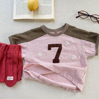 半袖Tシャツ Pink / 80cm ナンバースターロゴプリントパッチワークラグラン半袖Tシャツ【mh0009382】