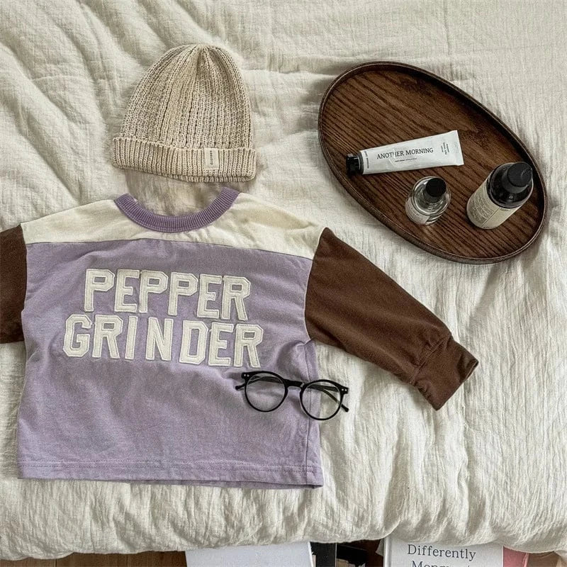 長袖Tシャツ Purple / 12M  80CM キッズトップス 長袖Tシャツ ホッケーシャツ パッチワーク レターロゴ刺繍 2カラー【mh0006594】